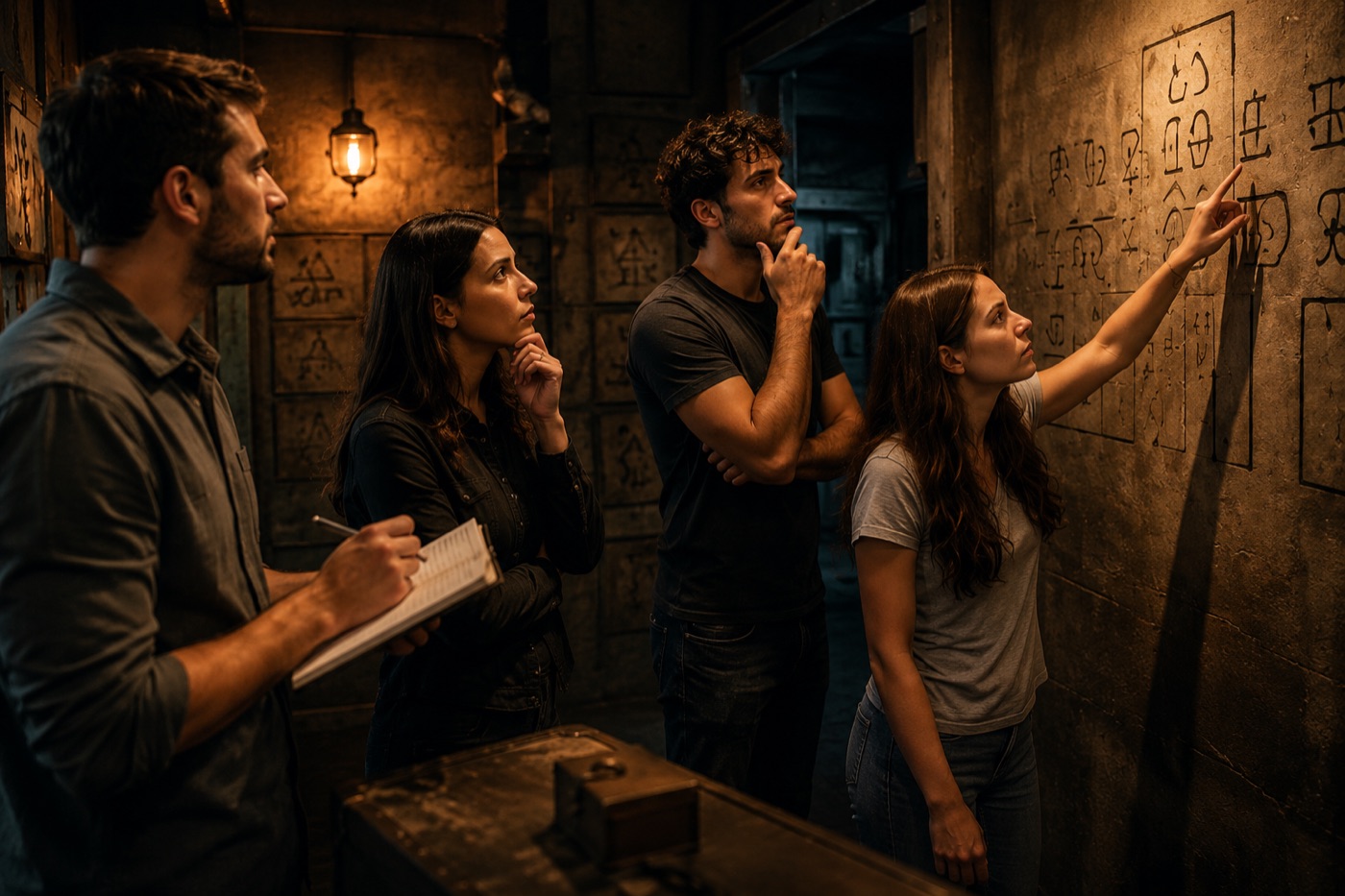 Jugadores observando pistas en la pared de un Escape Room