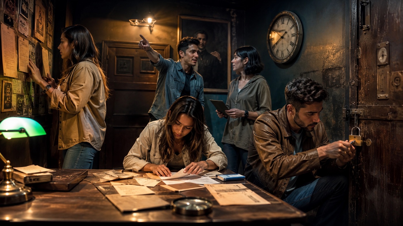 Equipo colaborando alrededor de una mesa en un Escape Room