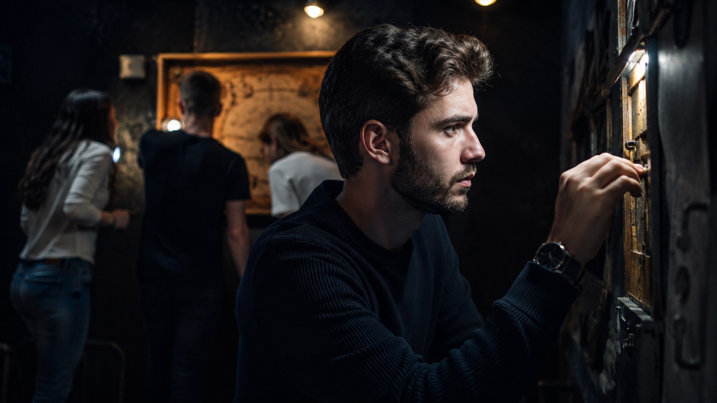 Jugador concentrado abriendo un candado en un Escape Room